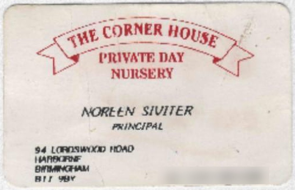 An early business card for The Corner House Private Day Nursery, Noreen Siviter, Principal