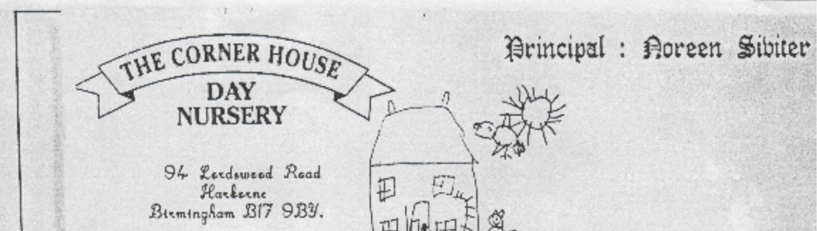 The original Corner House Day Nursery letterhead, with a child-like drawing of the house
